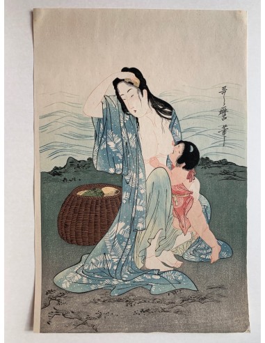 Estampe Japonaise de Utamaro Kitagawa | Les pêcheuses d'Abalones |  partie centrale du triptyque Fin de série