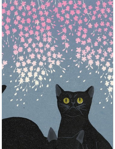 Estampe Japonaise de Nishida Tadashige | Chat Noir et Sakura est présent 