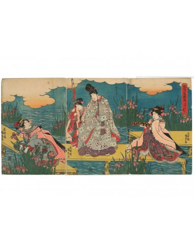 Estampe Japonaise de Kunisada | Narihira sur un ponton aux iris les ctes