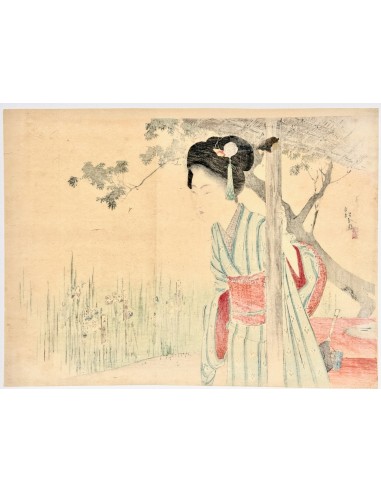 Estampe Japonaise Kuchi-e de Toshikata Mizuno | Jeune femme dans un jardin d'iris de votre