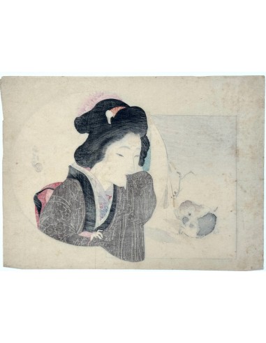 Estampe Japonaise de Tomioka Eisen | Femme et chiots s'amusant en stock