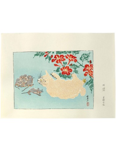 Estampe Japonaise de Kyosai | Chat et souris les ctes