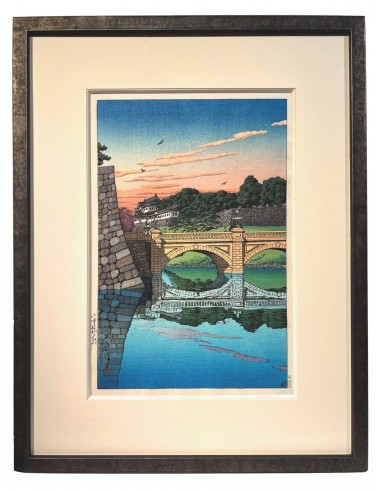 Estampe Japonaise Encadrée de Hasui Kawase | Le Pont Niju au lever du jour du meilleur 