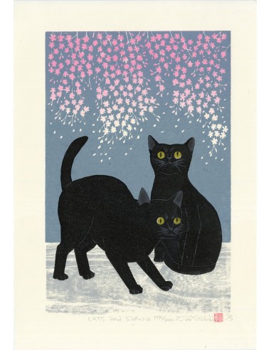 Estampe Japonaise de Nishida Tadashige | Chat Noir et Sakura suggérées chez