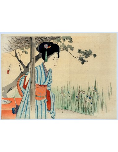 Estampe Japonaise Kuchi-e de Toshikata Mizuno | Jeune femme dans un jardin d'iris pas chere