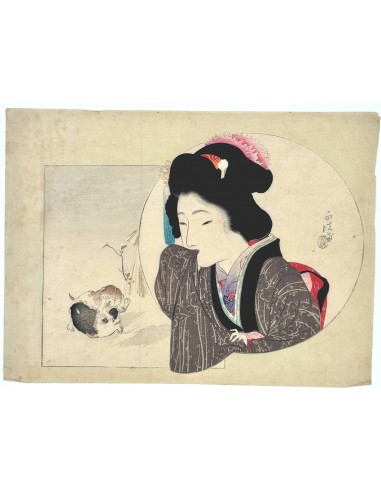 Estampe Japonaise de Tomioka Eisen | Femme et chiots s'amusant pas cheres