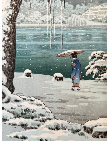 Estampe Japonaise de Koitsu Tsuchiya | L'étang de Sarusawa sous la neige, à Nara Vous souhaitez 