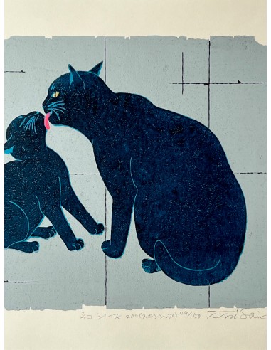 Estampe Japonaise de Nishida Tadashige | Chat bleu et son chaton "Skinship" destockage