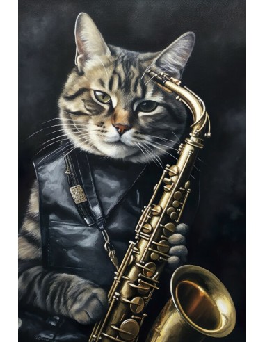 Tableau Chat Saxophoniste ouvre sa boutique